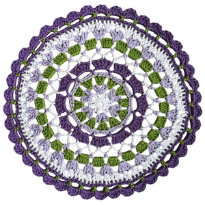 Crochet Doily, Handmade, 100% Cotton, Purple Green White Decor 11.5”